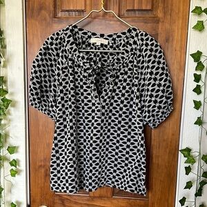 LOFT Embroidered Eyelet Lace 100% Cotton Tie Neck Black and White Tunic Top | M